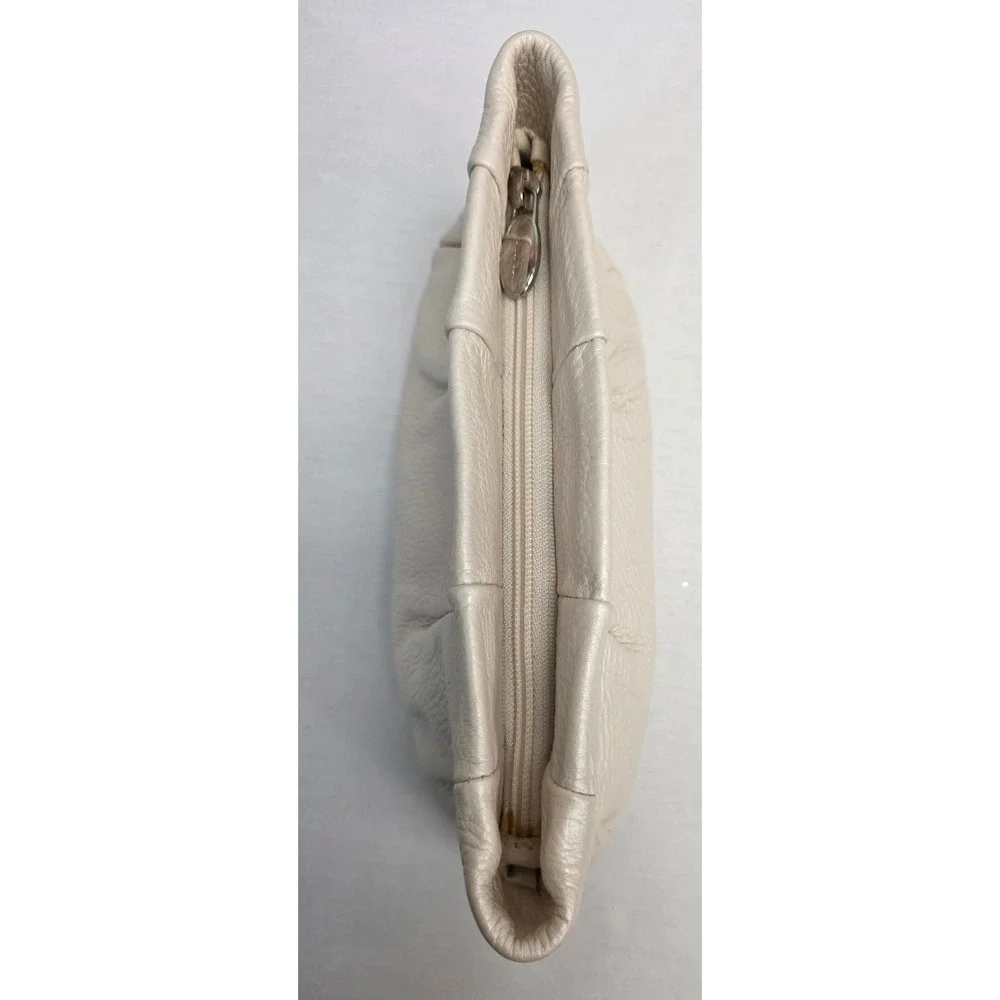 Furla Metallic Cream Pebbled Leather Pearl White Zip Top Clutch Bag
